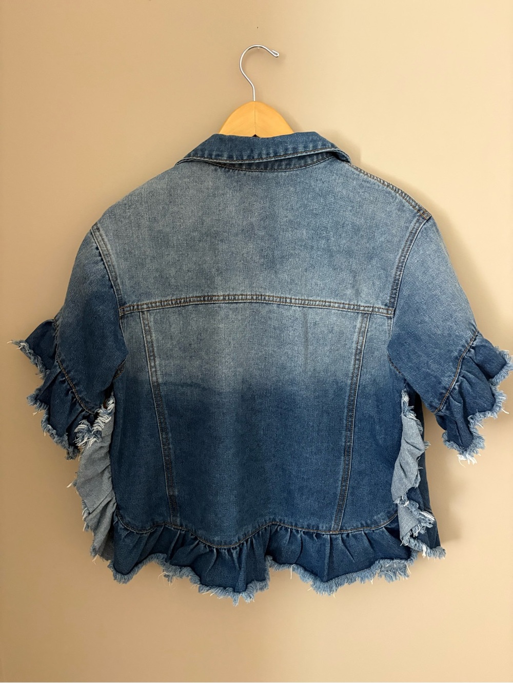 Blue Denim Ruffle-Sleeve Jean Jacket Sz S - Picture 6 of 6